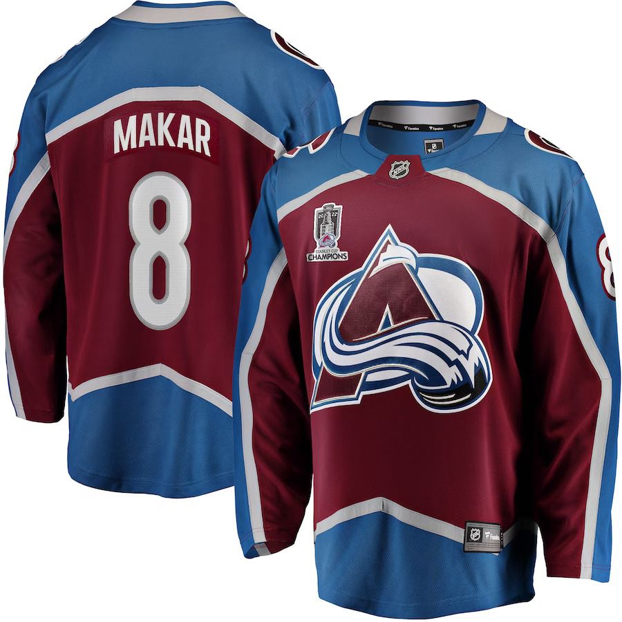 Men Colorado Avalanche #8 Cale Makar Fanatics Branded Burgundy 2022 Stanley Cup Champions Breakaway Patch Player NHL Jersey